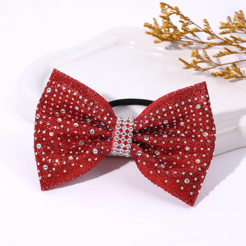 VOBOBE 16PCS Glitter Cheer Hair Bows for Cheerleading, Red Sparkle Rhinestone Cheer Bow with Ponytail Holder Elastic Hair Ties for Teen Girls Cheerleader (Red)