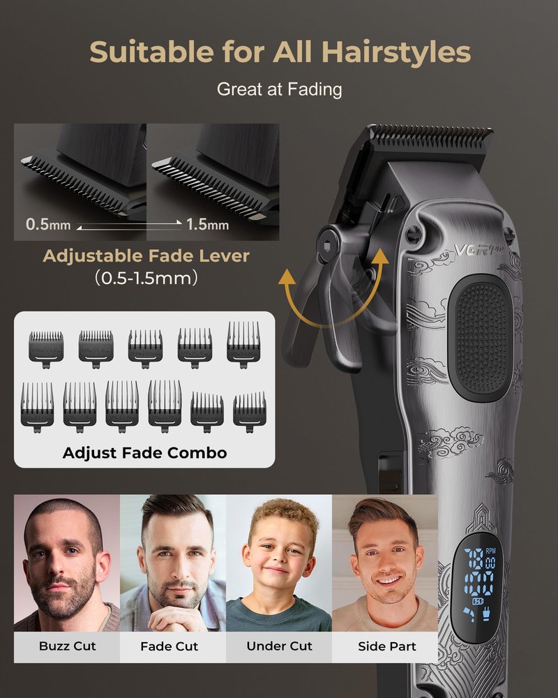 Vgrpro Hair Clippers for Men Professional, Cordless Hair Clippers for Hair Cutting, Mens Clippers and Trimmers Set, Electric Hair Trimmer for Men with Package Box (Gray)
