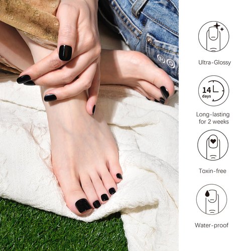 DANNI & TONI Semi Cured Gel Pedi Strips (Black Panther) Toenail Black Solid Color Pedicure Gel Nail Stickers for Toes 37 Stickers