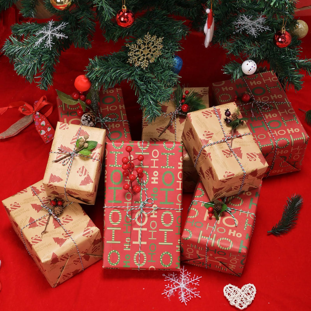 AhfuLife 2 Rolls Christmas Wrapping Paper - 17 Inch × 49.2 Feet Per Roll, Recyclable Red Brown Kraft Xmas Wrapping Paper for Gift Box Decoration