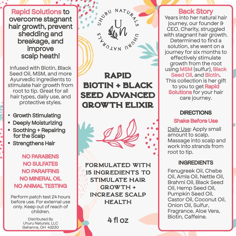 Uhuru Naturals Rapid Biotin Hair Growth Oil – Black Seed, Fenugreek, Onion, Sulfur & Castor – Revitalize, Strengthen & Nourish Hair (4 oz)”