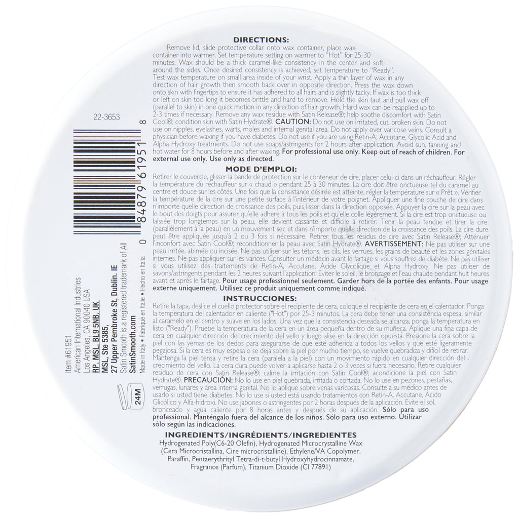 Satin Smooth Coconut Aroma Hard Wax, Vegan No-Strip Wax for All Hair Types, Multidirectional Application, Ideal for Sensitive Skin, Salon-Grade Hair Removal, 14 oz, 1-pack