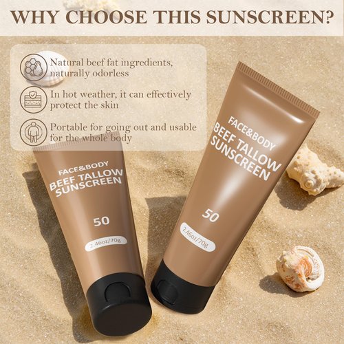 Beef Tallow Sunscreen for Face, Natural Reef Safe Sunblock for Face Body, Non Greasy Clean Travel Sun Screen Sunblock for Sunmmer Beach Outdoor Travel, 2.46 OZ