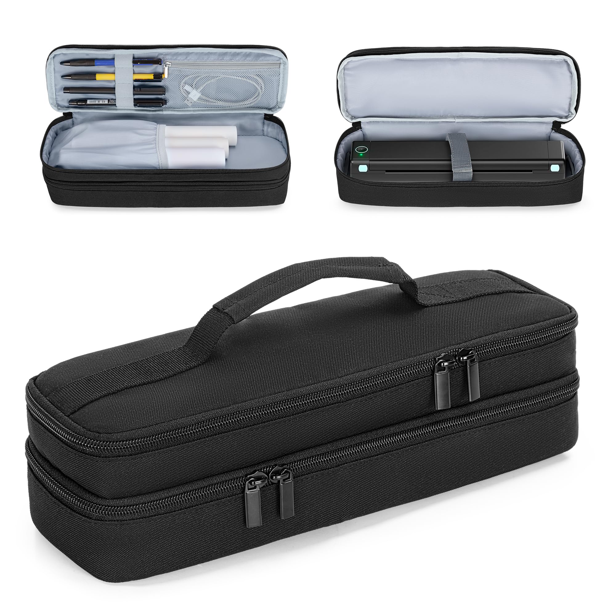 Yarwo Portable Printer Case Compatible with Phomemo M08F, Itari M832, JADENS, Aixiqee, MUNBYN and Most Wireless Thermal Printer, Double-Layers Mobile Printer Storage Bag for Papers & USB Cable, Black