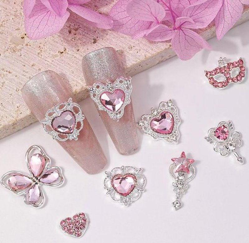 COOSLIM 60 Pcs Heart Nail Charms, Rhinestone Pink Butterflies Nail Art Gems, Star Heart Butterfly Charms Decorations Sailor Moon Acrylic Nail Accessories for Women DIY Crafts 1