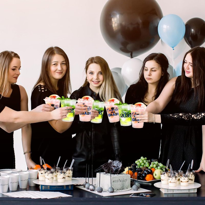 Whaline Graduation Plastic Cups - 50 Pcs 12 Oz Congrats Grad in Black & Blue | Perfect for Class of 2026 Party Decor