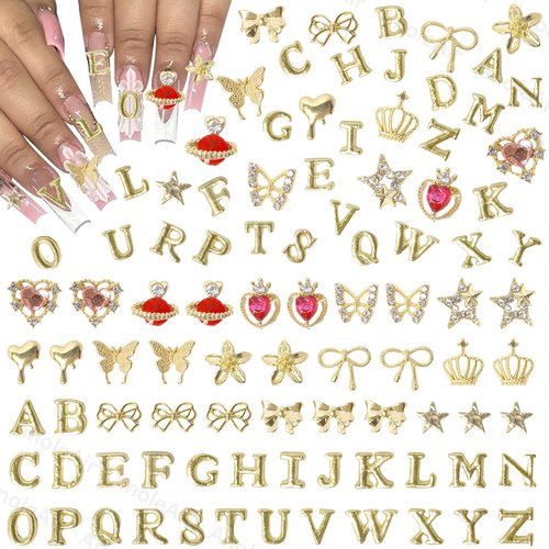 142 Pcs Gold A-Z Letter Nail Charms, Alloy Alphabet Words Nail Charm, Crown Heart Butterfly Bows Star Nail Gems Charms, Gold Flower Heart Alloy Nail Charm for Acrylic Nail Art Women DIY Accessories