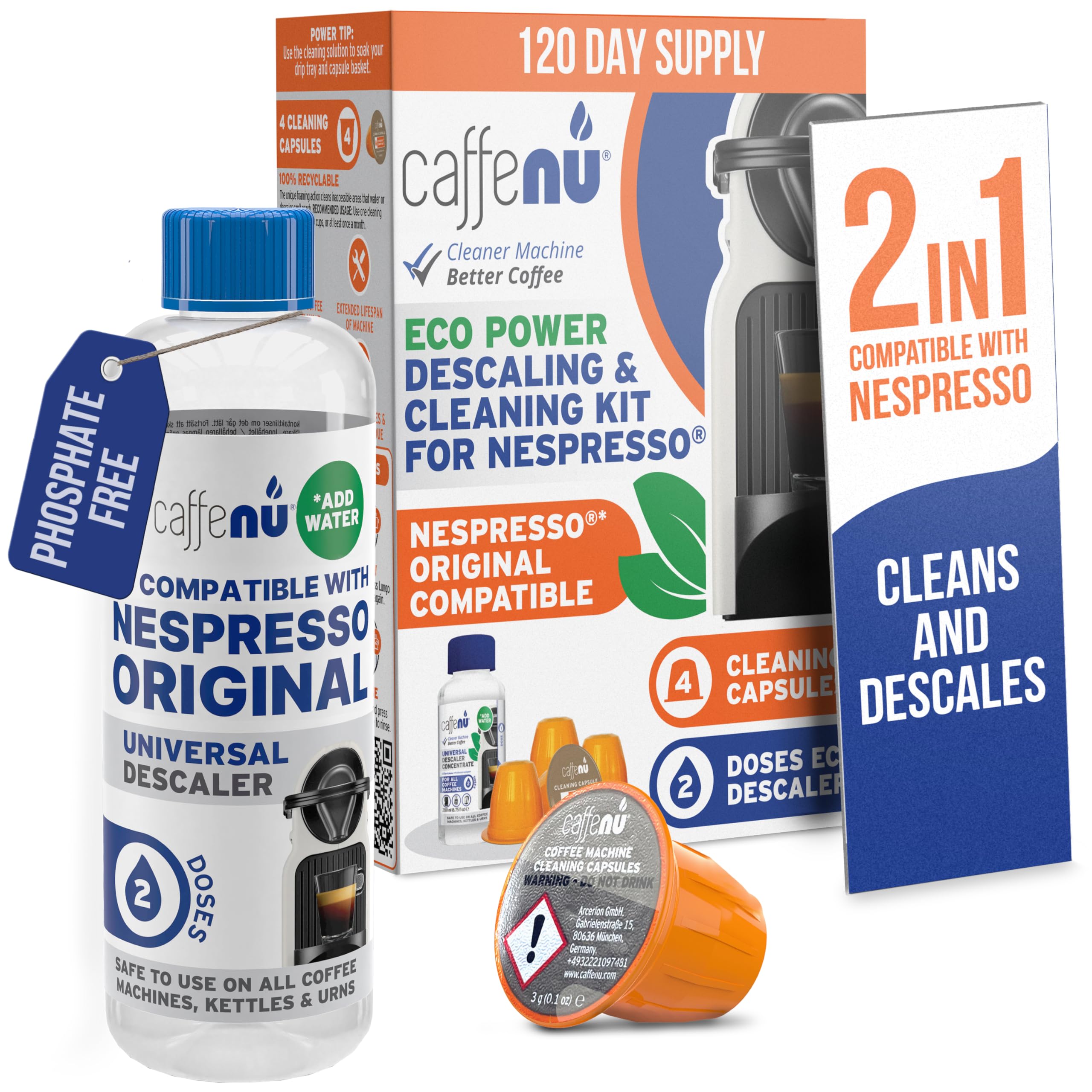 Caffenu Nespresso Original Compatible Descaler and 4-Use Cleaner Pod Kit