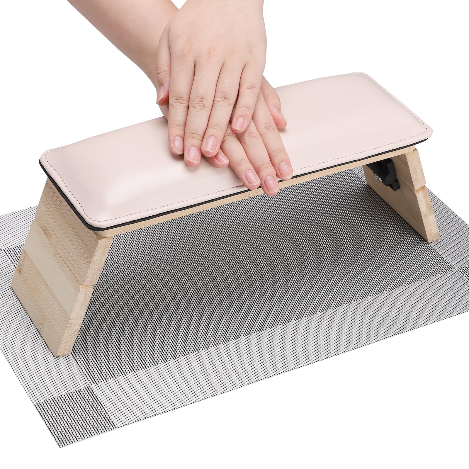 Segbeauty Adjustable Nail Hand Rest Pink, 3 Tier Collapsible Wooden PU Leather Arm Rest for Nails, Portable Manicure Hand Stand for Nail Tech with Table Mat Professional Nails Art Accessories Tool