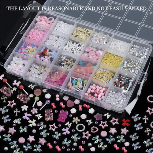 24 Grid Nail Charms - Multi Shapes Cute Nail Charms and Gem: Flowers Butterflies Bows Gummy Stars Crosses Steel Beads Rhinestones and Pearls - Charms for Nails Art Supplies DIY Accessories