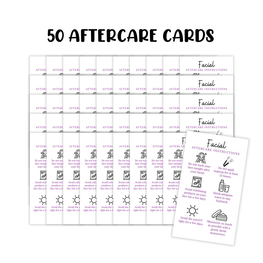 Boutique Marketing LLC Facial Aftercare Cards | 50 Pack | Size 2 x 3.5” inches Business Card Size | Esthetician | Aftercare Instructions White with Purple Text Design, black, white, purple