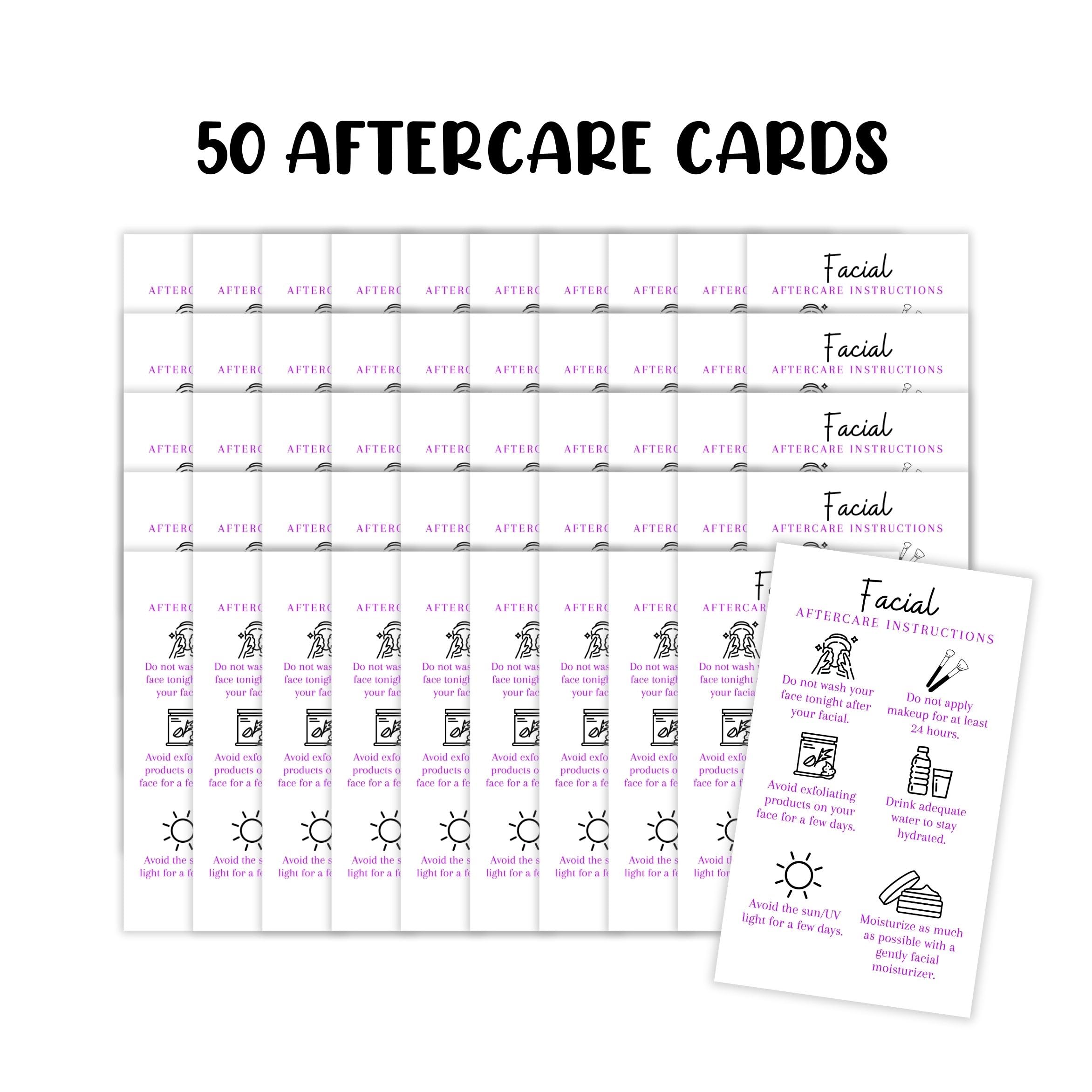 Boutique Marketing LLC Facial Aftercare Cards | 50 Pack | Size 2 x 3.5” inches Business Card Size | Esthetician | Aftercare Instructions White with Purple Text Design, black, white, purple
