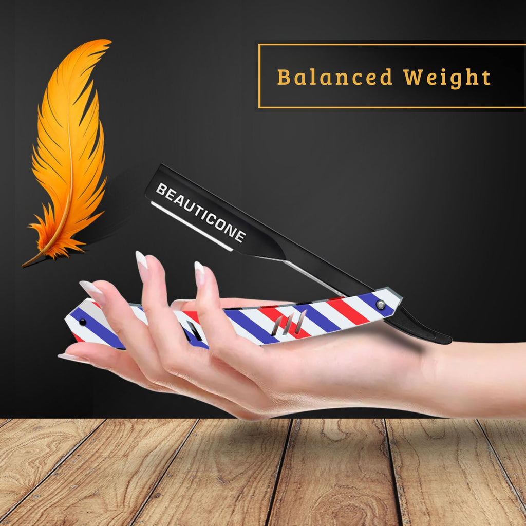 BEAUTICONE Barber Straight Razor for Men – Professional Shavette with Slide-Out Blade Holder, 100 Stainless Steel Blades Included, Cut Throat Razor, Pole Stripe