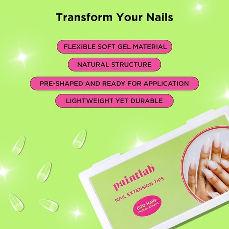 PaintLab Nail Extension Tips, Medium Almond Shape, Lightweight and Durable False Nail Tips for Professional and Home Use, 600-Piece Set