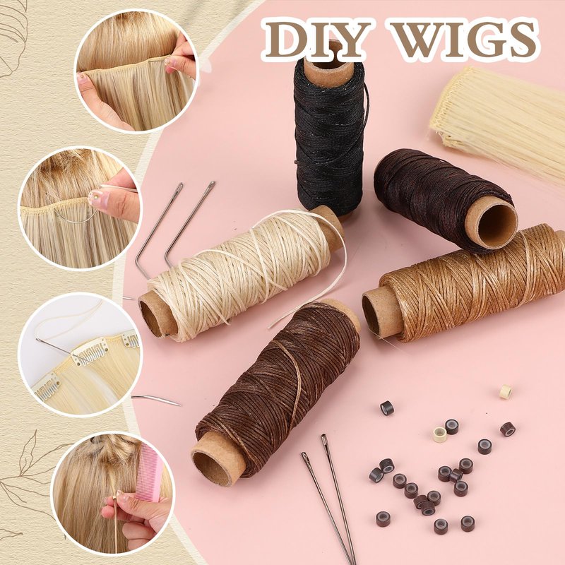Yuxung 2500 Pcs Hair Extensions Micro Rings Links Beads and 5 Rolls Extensions Sewing Thread and 10 Pieces C/J/I Needles Kit for Human Hair Hand Sewing Wig DIY Craft