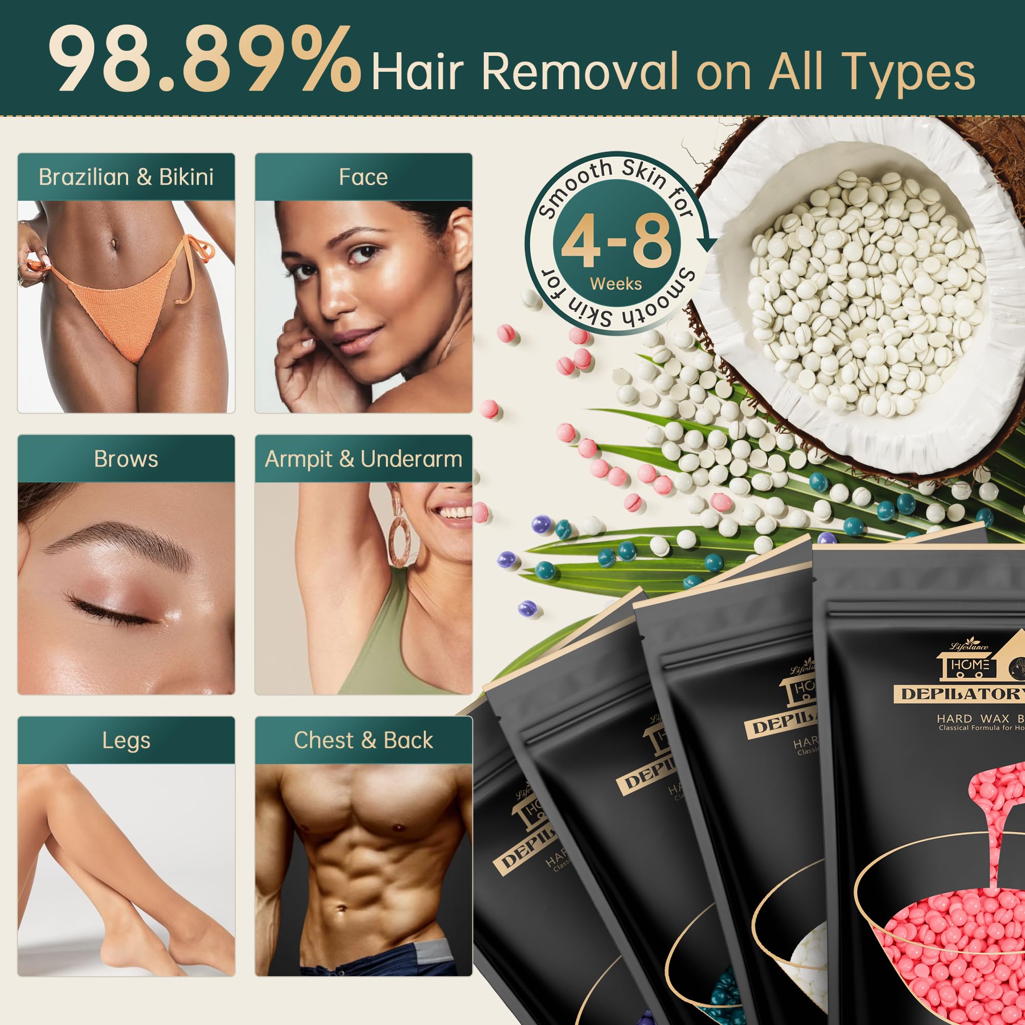 Lifestance Waxing Kit for Women & Men - L3 Emerald Alloy Digital Warmer, Silicone Wax Pot Liner, Hair Removal Kit with 14.1oz Hard Wax Beads & Oil Spray Professional for Home Brazilian Bikini Face Leg