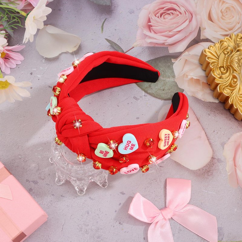 YARIEW Valentines Day Headbands for Women Love Sweet Red Heart Headband Rhinestone Knotted Headband for Women Valentine Day Decorations Fashion Headband Hair Accessories Red
