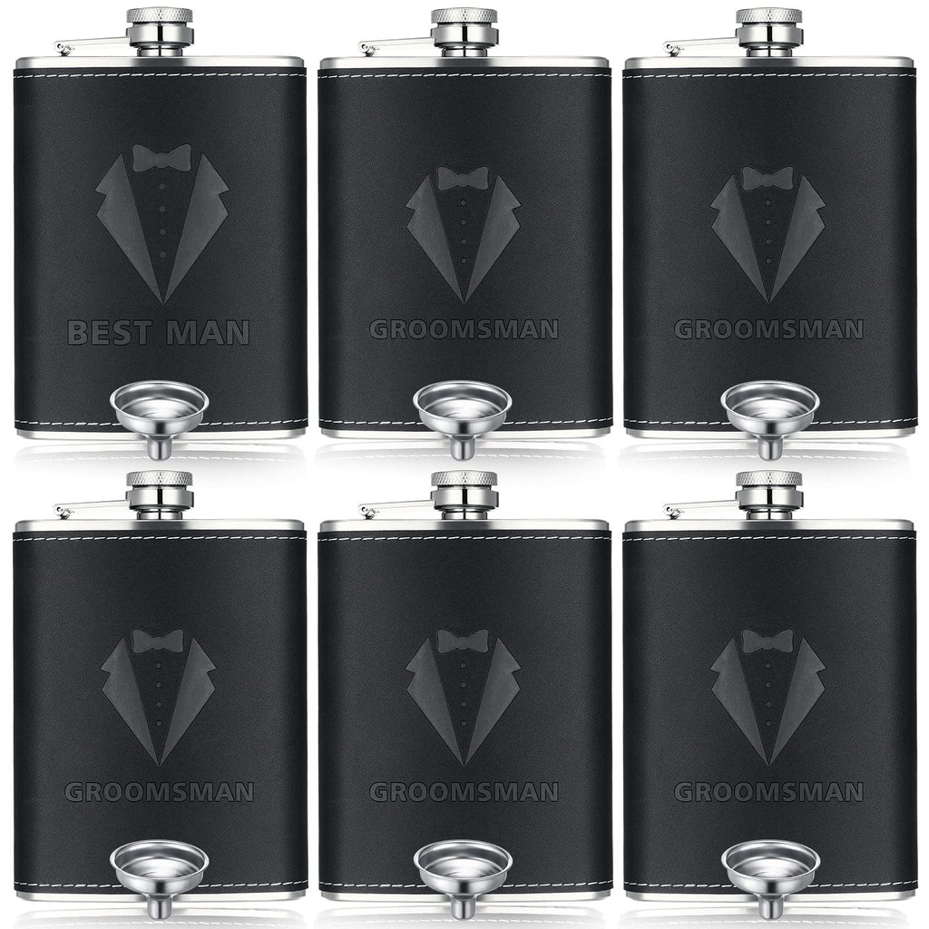 Rtteri Groomsman Gifts Set of 6 Flask for Men 8 oz Groomsman Proposal Gifts Stainless Steel Tuxedo Hip Flask Bachelor Party Favors for Wedding Proposal