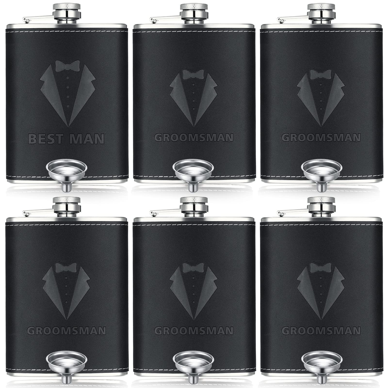 Rtteri Groomsman Gifts Set of 6 Flask for Men 8 oz Groomsman Proposal Gifts Stainless Steel Tuxedo Hip Flask Bachelor Party Favors for Wedding Proposal