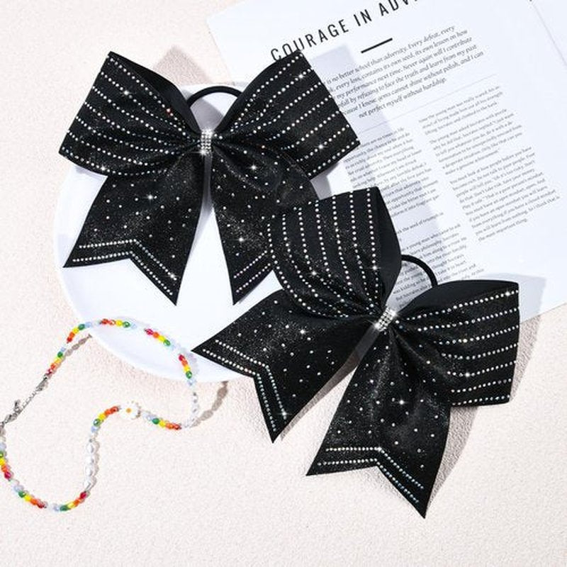 DEEKA 8PCS Black Stripes Glitter Cheer Bows with Iridescent Rhinestones Large 8" Competition Bow Cheer Hair Bows Elastic Band Ponytail Holder for Cheerleader Girls Softball Football Sports (Black)