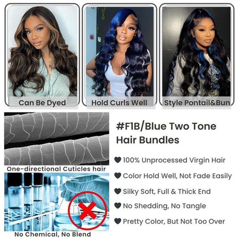 ALHER Black Mix Blue Highlight Bundle Human Hair Body Wave, 12A Soft Thick 3 Bundles Wavy Human Hair, 100% Remy Hair Midnight Blue Highlight Two Tone Subtle Colored Double Weft (#1B/Blue, 14 16 18 IN)