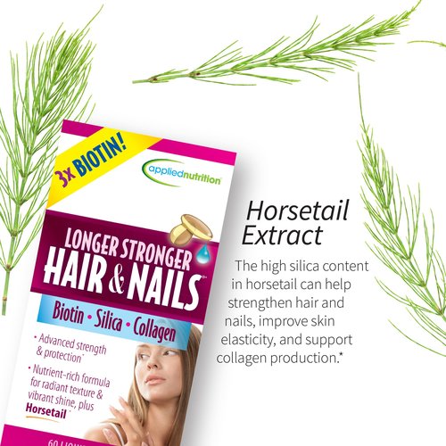Applied Nutrition Longer Stronger Hair & Nails - 60 Liquid Soft-Gels - Biotin, Silica & Collagen - 30 Servings