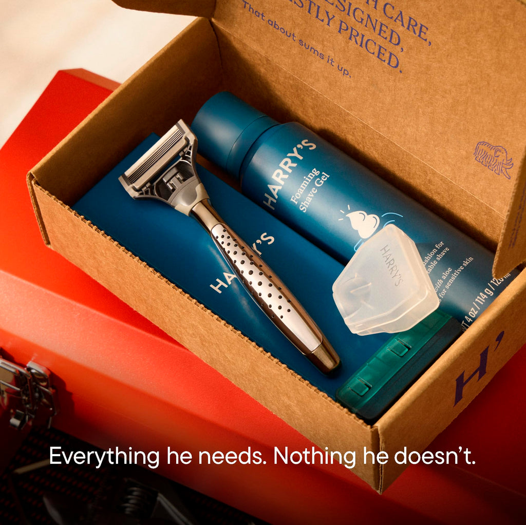 Harry's Original Shaving Kit for Men - Razor Handle, 3 Razor Blade Refills, Foaming Shave Gel, Travel Blade Cover - German Engineered - Craft Edition