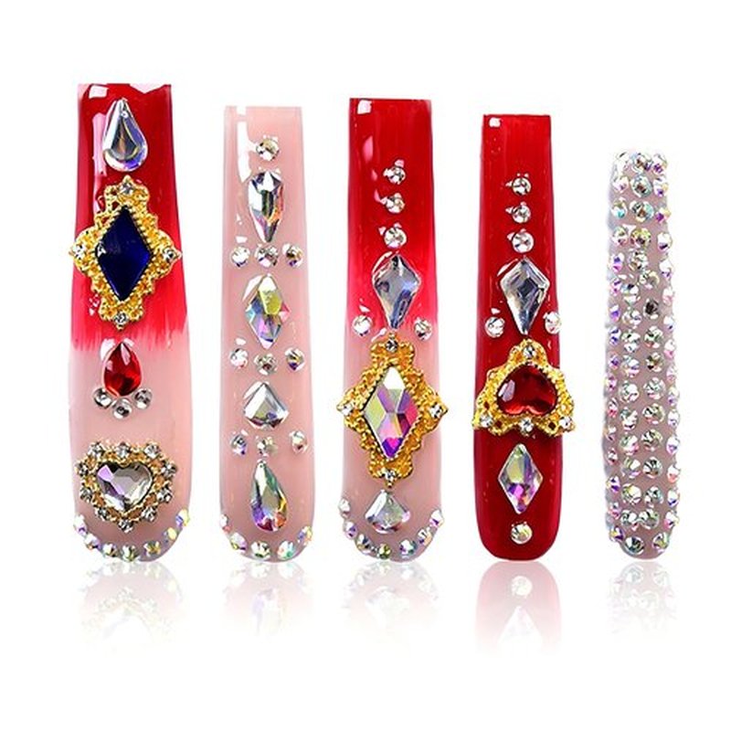 Tmani 10pc/set Extra Long Handmade Press On Nail Hot Girl's Long Ballet Square Nail Full of Diamond Glitter Decoration Fake Nails Suitable For Girls Festival Parties and Birthday Gift（439,Size-S)