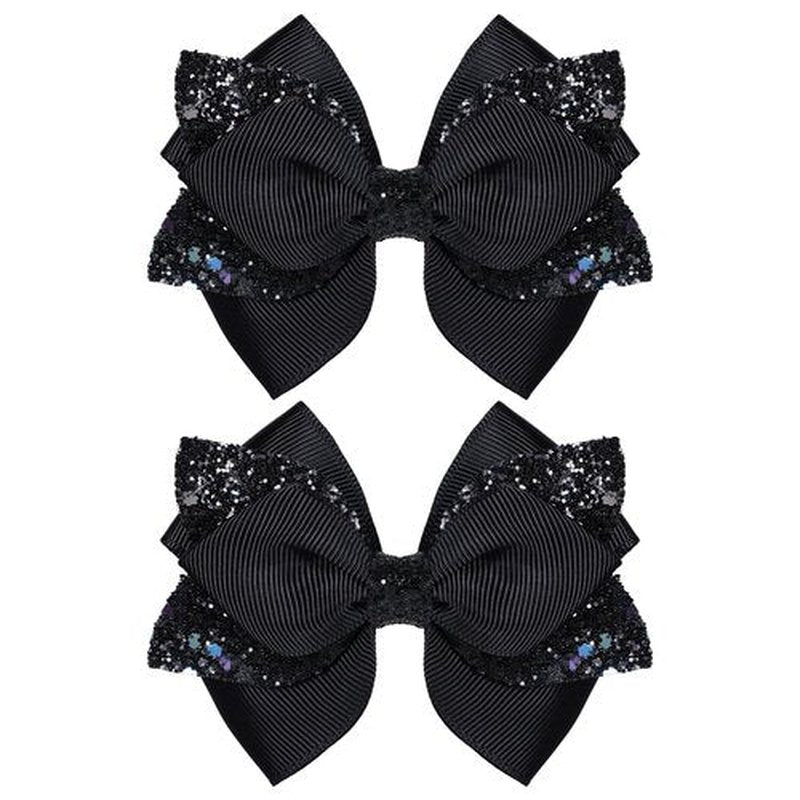 2pc Glitter Black Ribbon Hair Bow Clips 4inch Shiny Alligator Barrettes Pins for Teens Girls Kids Women Graduation Halloween Dress up Party Costume outfit Decor Accessory