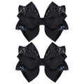 2pc Glitter Black Ribbon Hair Bow Clips 4inch Shiny Alligator Barrettes Pins for Teens Girls Kids Women Graduation Halloween Dress up Party Costume outfit Decor Accessory