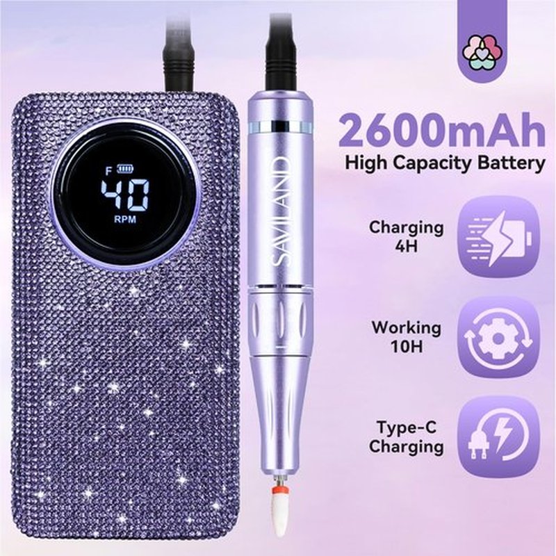 SAVILAND High Speed Nail Drill 40000 RMP: Diamond Shiny Electric Nail File 2600 mAh Rechargeable Nail Drill Kit for Thick Acrylic Nails Removal with Ceramic Drill Bits Sanding Bands Nail Tech Salon