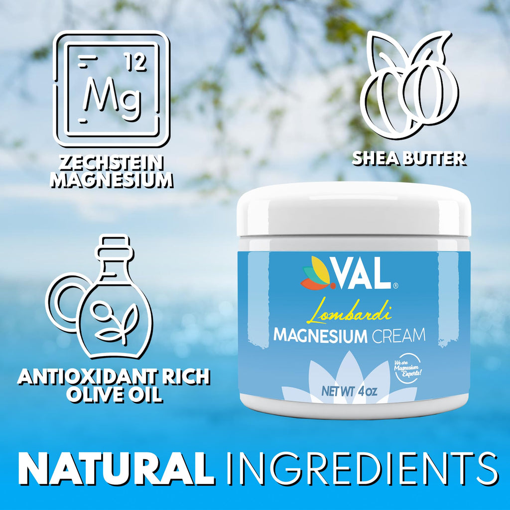 VAL Lombardi Magnesium Lotion, Nighttime Zechstein Magnesium Chloride Cream, Hydrating, Fast-Absorbing, Topical Magnesium for Feet, Legs, Arms, Chest - 4 Ounce (Pack of 1)