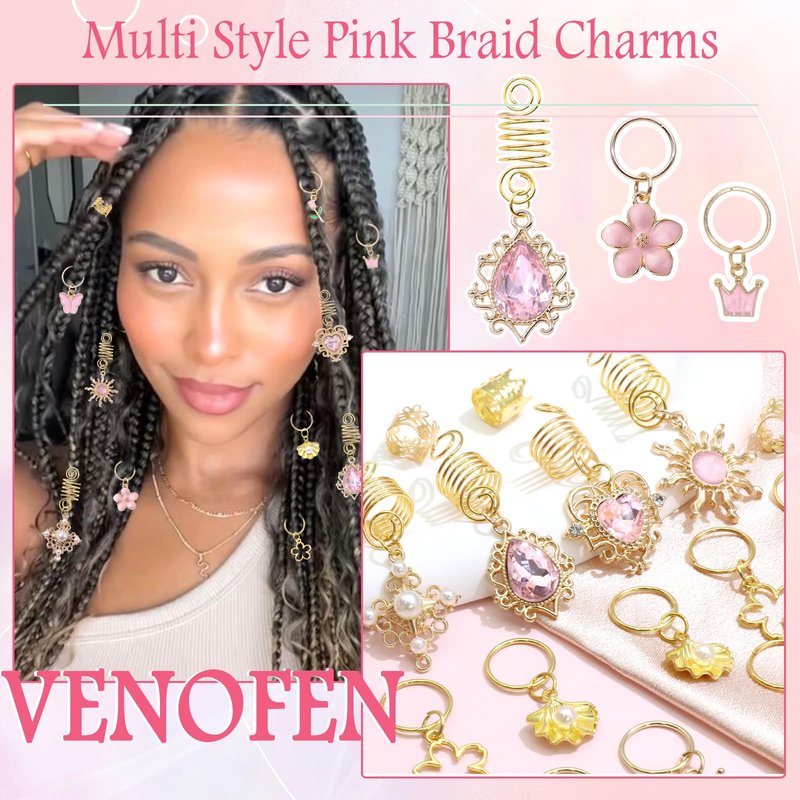 VENOFEN 36PCS Pink Crystal Hair Jewelry Butterfly Braids Clips Flower Loc Jewelry Pearl Hair Charms Gold Hair Cuffs Rings Valentine's Day Braids Accessories for Women and Girls