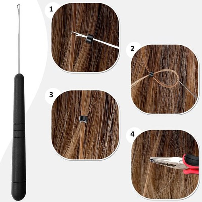 Hair Extension Tools Kit, 600 Silicone Lined Micro Rings, 1 Plier, 2 Hook Needle Pulling Loop, 10 Curved Hair Needle, 4 Metal Hair Clips, 1 Comb, 3 Sewing Threads, 200 Mini Rubber Bands