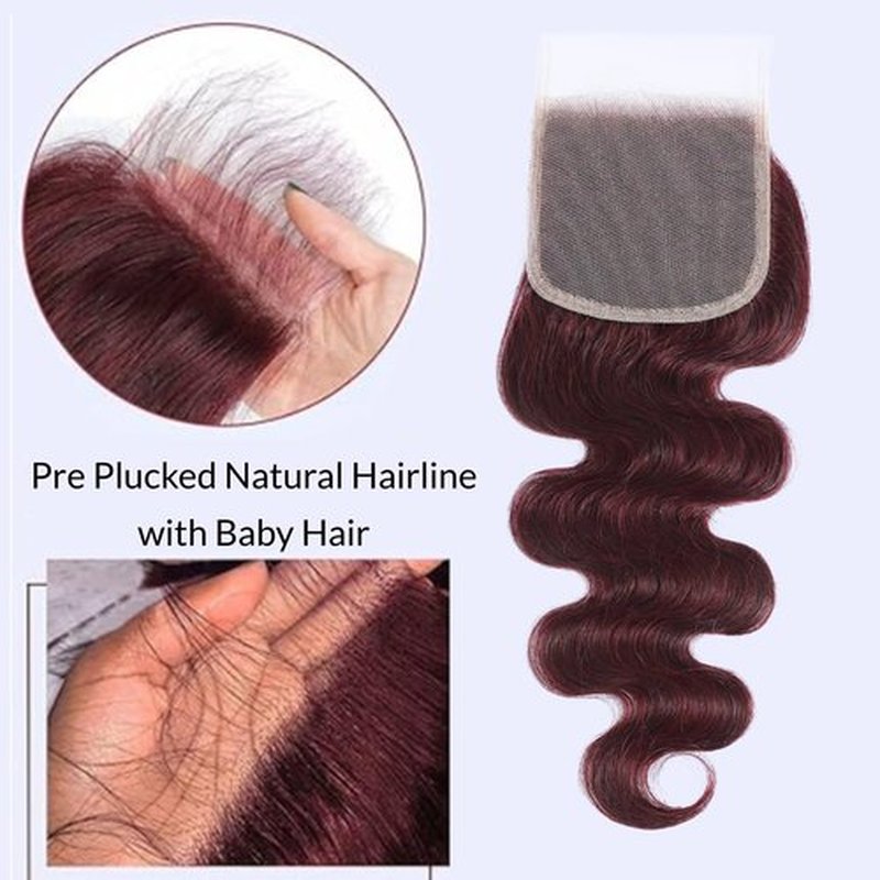 99j Dark Burgundy Body Wave 3 Bundles with 4x4 Closure Human Hair HD Lace Free Part, 12A Soft and Glossy #99j Wine Color 100% Brazilian Virgin Remy Hair Bundles with Closure 10 12 14+10 Inch
