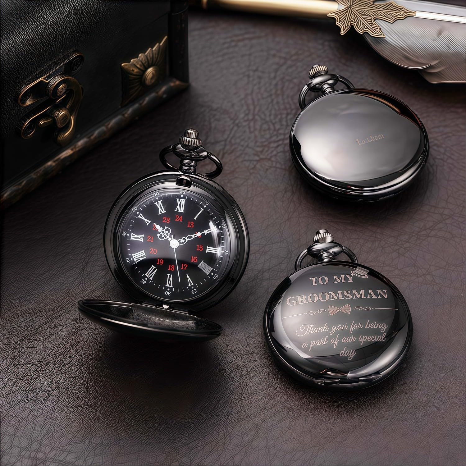 Afcrho Groomsmen Gifts Set of 4 Wedding Engraved Pocket Watch Best Man Roman Numerals Quartz Pocket Watch Wedding with Chain