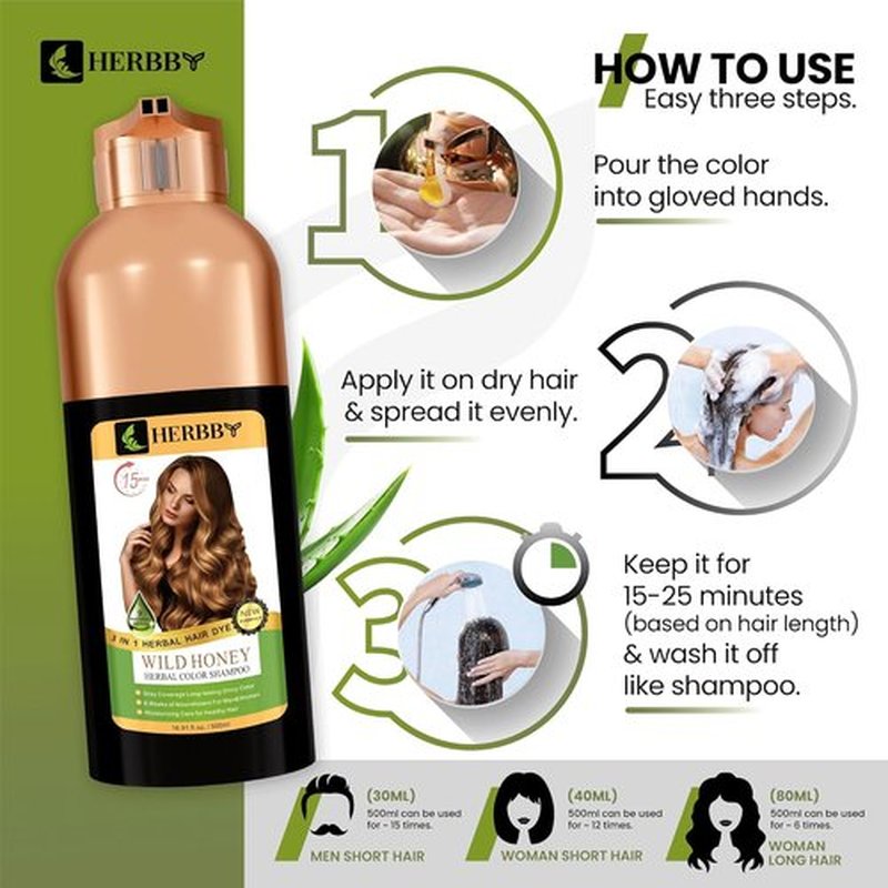 HERBBY Hair Color Shampoo - Gray Hair Coverage & Color Transformation with 9 Herbal Extracts | Long Lasting (6-8 Weeks), Shiny Wild Honey Color, 500 ml