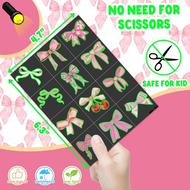 96 PCS Pink Bow Pre-Cut Temporary Tattoos Themed Birthday Party Decorations Decor Supplies Favors Funny Girl Coquette Knot Tattoo Stickers Gifts For Game Boys Girls Classroom School Prizes (Glow)