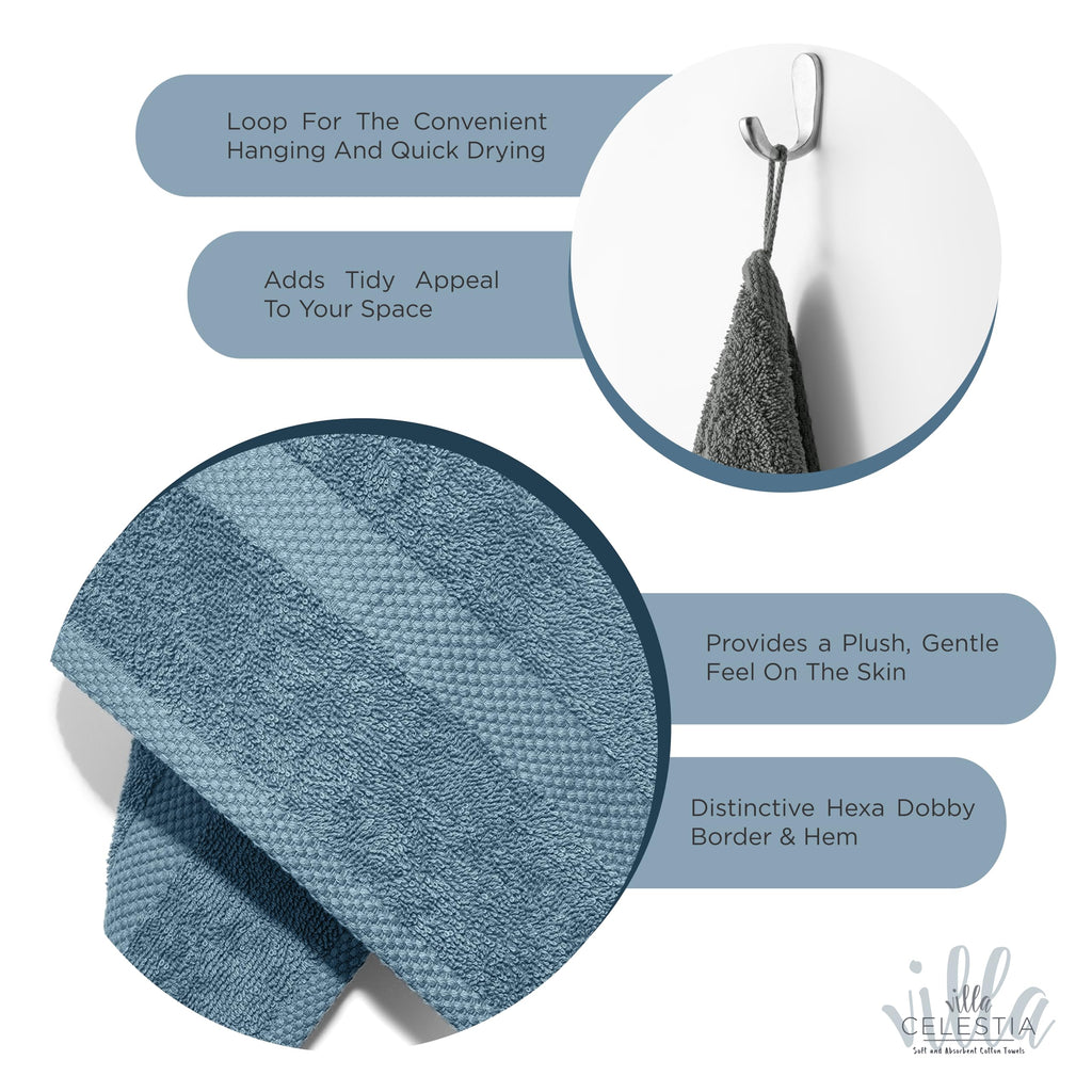 Villa Celestia Cotton Washcloths Set of 6, 12x12 Inch, 100% Ring-Spun Combed Cotton, Soft Absorbent Quick-Dry Wash Cloths for Face and Body, Oeko-TEX Certified, Hotel & Spa Quality, Blue