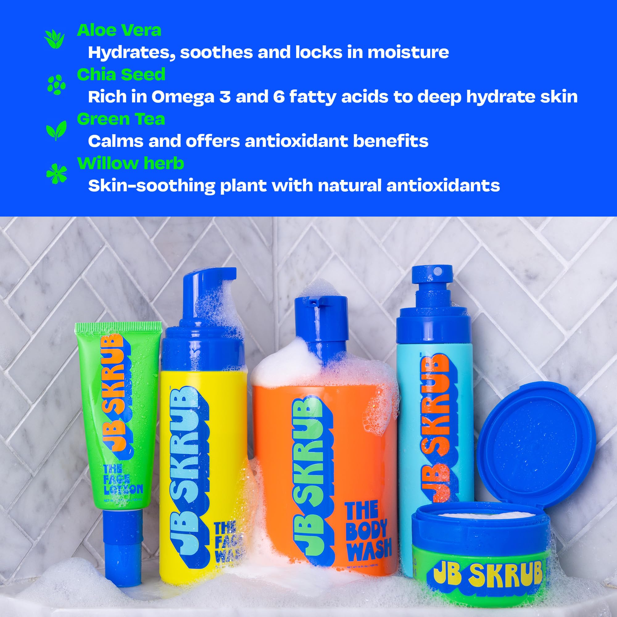 JB SKRUB The Ultimate Bundle - Complete Skin Care Set for Kids, Tweens, and Teens, Includes Body Wash, Body Spray, Acne Face Wash, Face Pads, and Face Lotion