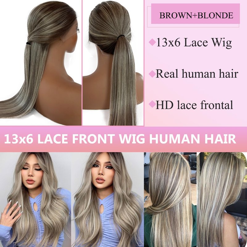 Valiilo 13x6 HD Lace Front Wig Human Hair Ombre Highlight Ash Blonde 180% Density Colored Straight Wig for Women Glueless Lace Frontal Wig Pre Plucked Dark Brown Roots Human Hair Wig 18 Inch