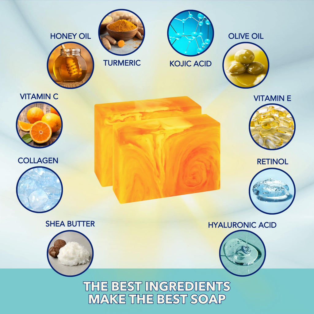 CLERZENA Honey Kojic Acid and Turmeric Soap for Dark Spots | Vitamin C & E, Retinol, Collagen Kojic Acid Soap Bar | Dark Spot Remover for Face | Turmeric Face Soap for Women and Men
