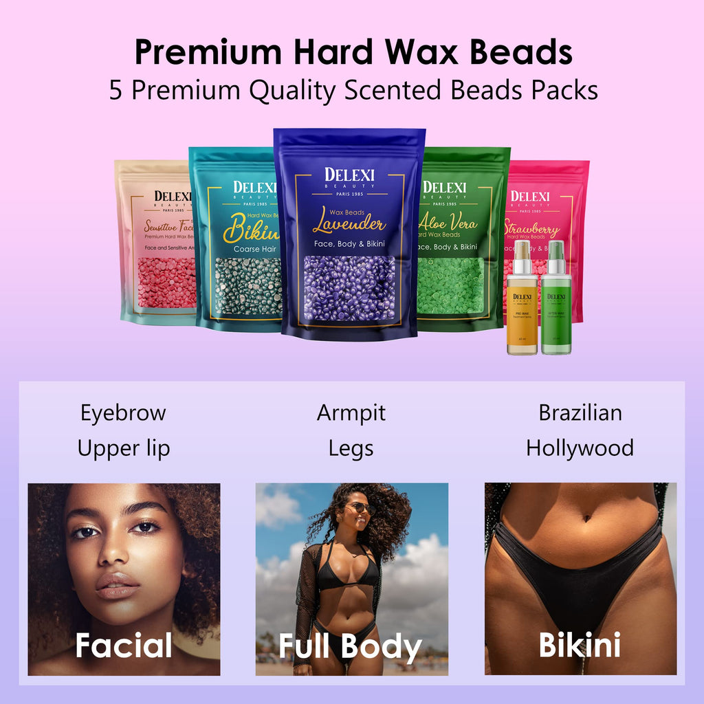 DELEXI Premium Waxing Kit for Women & Men – Painless Hard Wax Beads for Coarse Hair, Smart-Heat Wax Warmer (No Burns), 41-Piece Set for Brazilian, Bikini & Face – Resultados de Salón en Casa