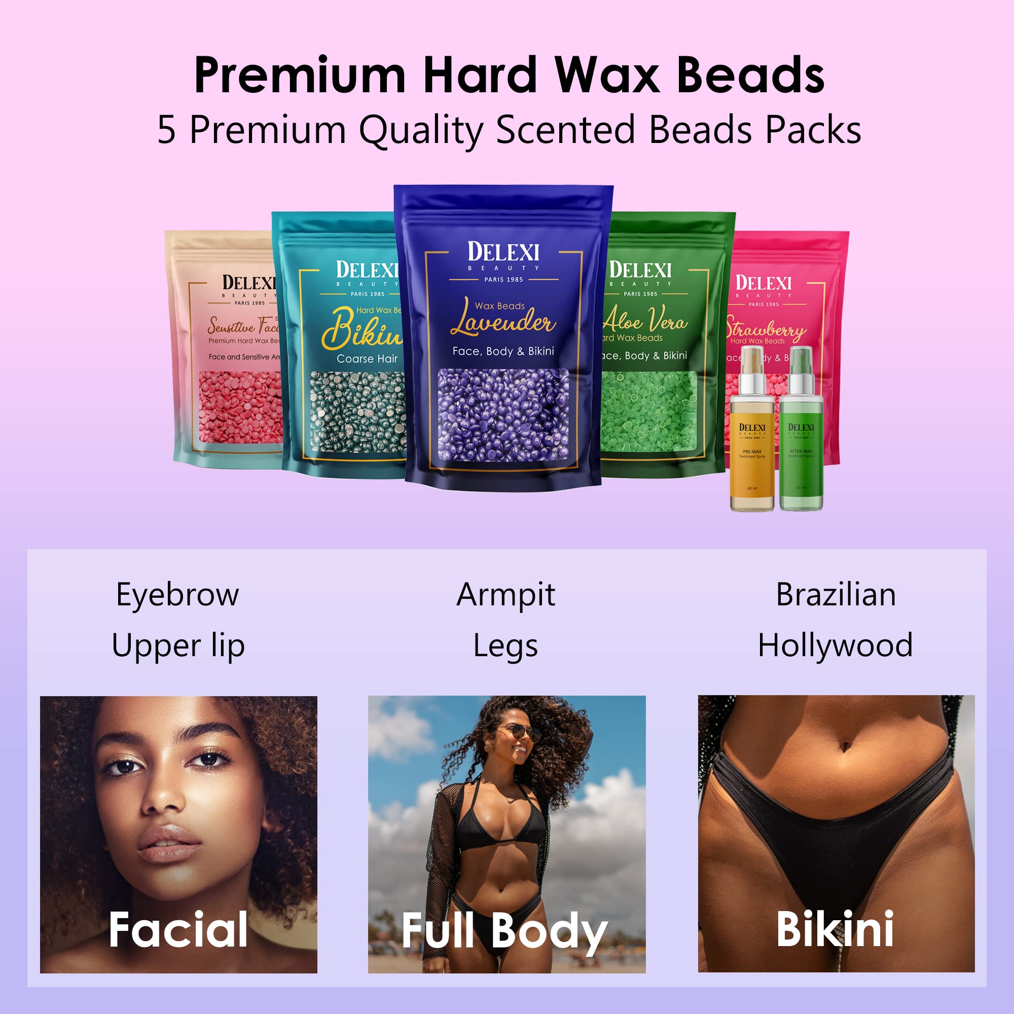DELEXI Premium Waxing Kit for Women & Men – Painless Hard Wax Beads for Coarse Hair, Smart-Heat Wax Warmer (No Burns), 41-Piece Set for Brazilian, Bikini & Face – Resultados de Salón en Casa