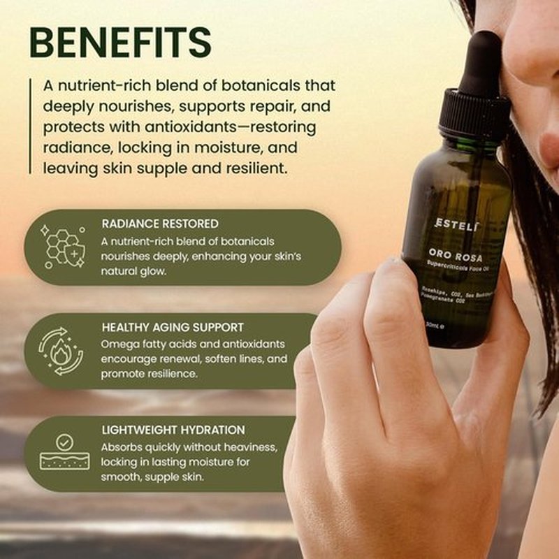 ESTELÍ Oro Rosa Supercriticals Face Oil - Antioxidant-Rich Hydrating Essence with Rosehip & Sea Buckthorn - Vegan & Fast-Absorbing