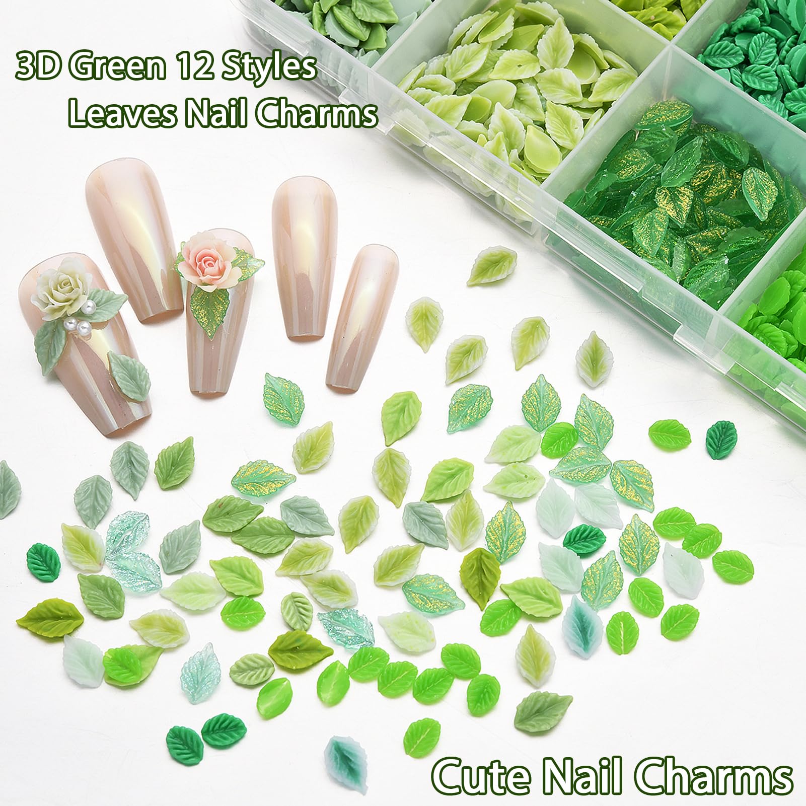 ZUMILLMN Leaf Nail Charm, 3D Nail Charms Bulk, 12 Styles Green Leaves Charms for Nails, Y2K Charms for Nails