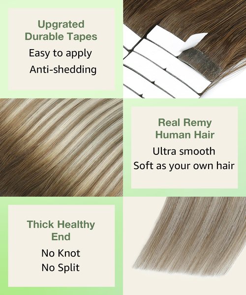 SURNEL Tape in Hair Extensions Balayage Walnut Brown to Ash Brown and Golden Blonde Human Hair Tape in Extensions 14inch 20pcs 50g(#3/8/22-14)