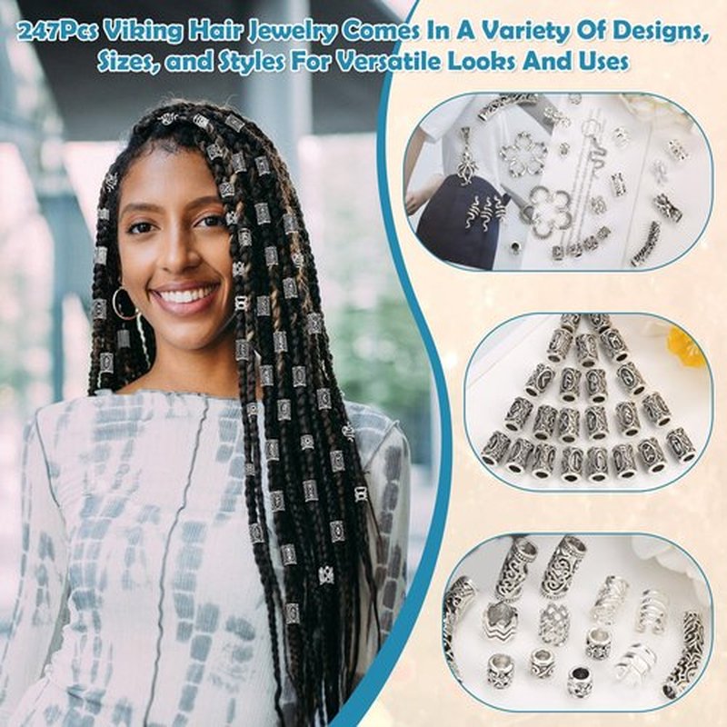 247Pcs Viking Hair Accessories Norse Runes Tube Beads Metal Cuffs Clips Rings, Dreadlock Beads Braids Locs Hair Jewelry Set for Women Men Beard Decoration Bracelets Necklace DIY Silver