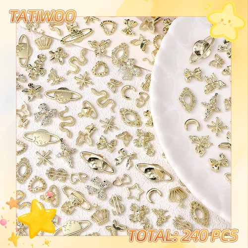 240 Pcs 3D Gold Nail Charms, Mixed Alloy Crown Bows Cross Nail Gold Charms, Golden Planet Star Metal Nail Art Charms Snake Charms for Acrylic Nails DIY Y2K Accessories