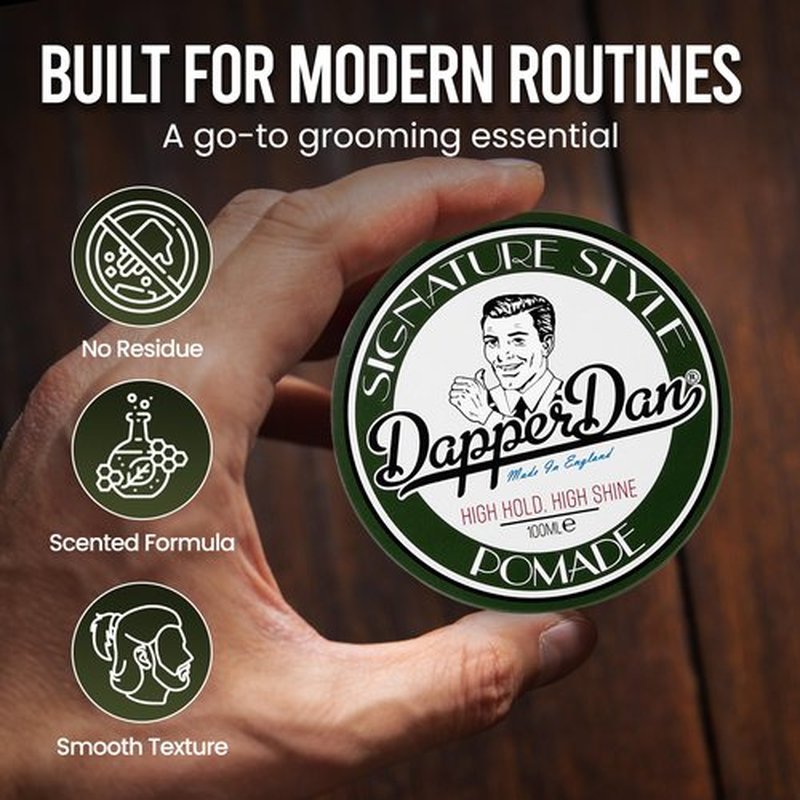 Dapper Dan Signature Pomade, High Shine and Hold for Classic Styles, Water Based for All Hair Types, Bergamot and Leather Fragrance, 100ml